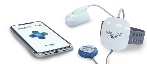 WatchPAT ONE home sleep test kit - wrist unit, finger sensor, chest sensor, and companion app